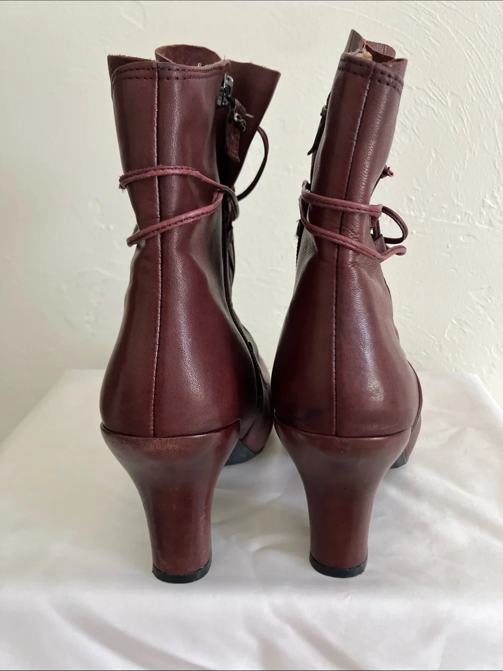 Earthies Burgundy Leather Ankle Booties with Wrap Laces